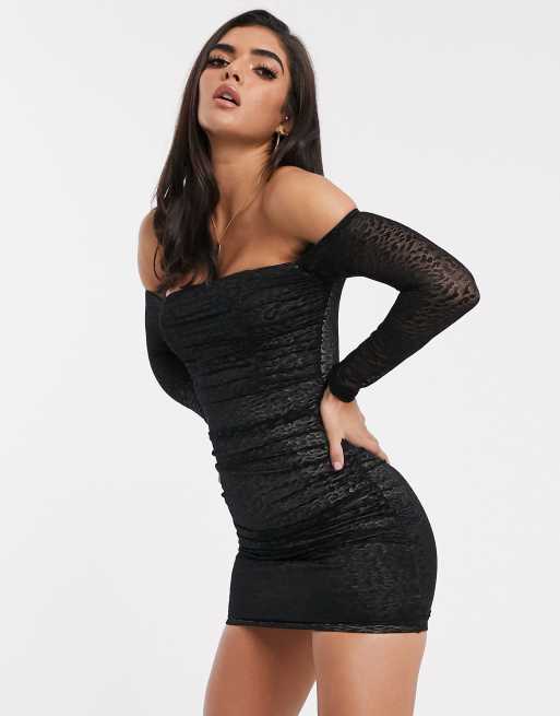 Black ruched mesh hot sale bardot bodycon dress