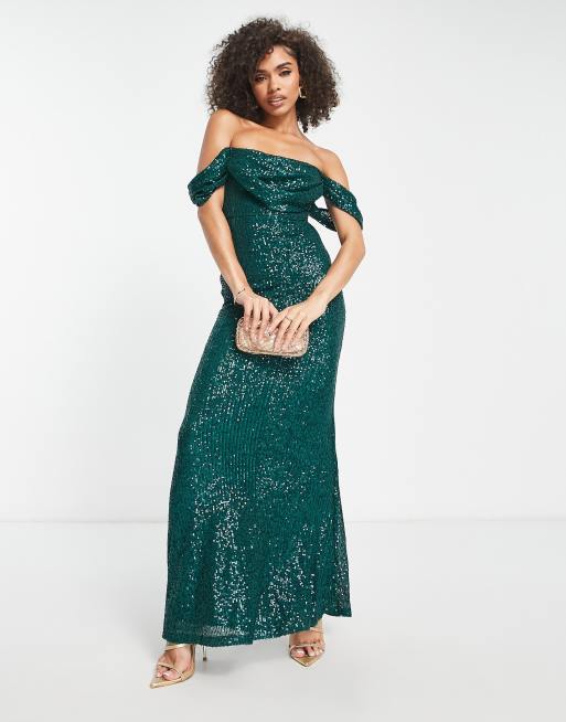 Emerald green wrap over shop long sleeve bardot maxi dress