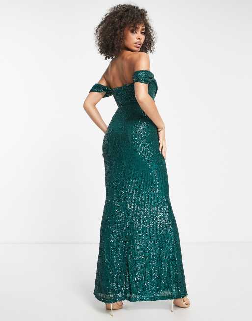 Bottle green bardot outlet ruched fishtail maxi dress