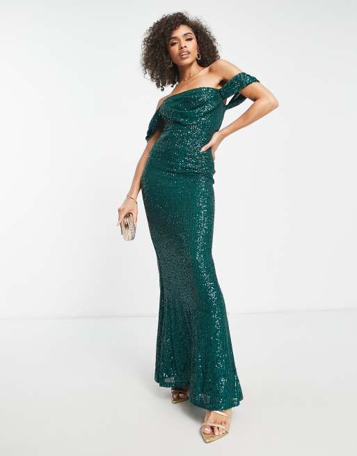 Parallel Lines bardot ruched corset maxi fishtail dress in emerald sequin