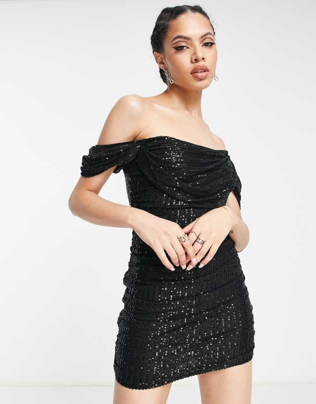 Parallel Lines bardot ruched corset mini dress in black sequin