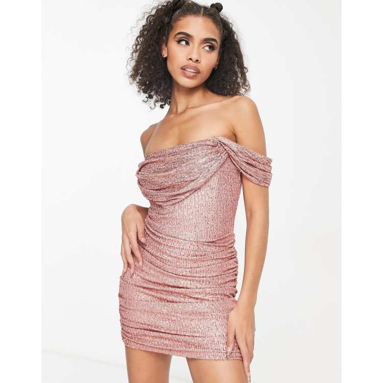 Bardot ruched glitter midi hot sale dress