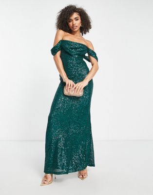Parallel Lines Bardot Ruched Maxi Fishtail Dress In Emerald Sequin-green