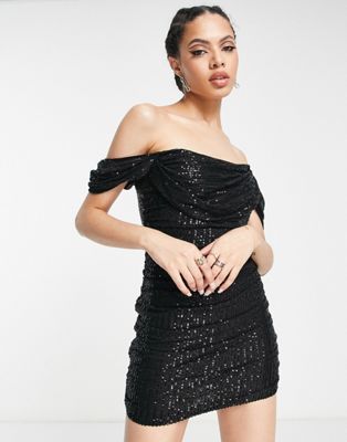 Parallel lines bardot ruched corset mini dress in black sequin