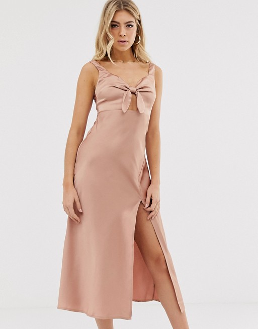 Parallel Lines bow front satin slip dress with thigh split in pink