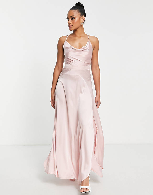 Parallel Lines - cowl neck satin maxi dress with split in pink