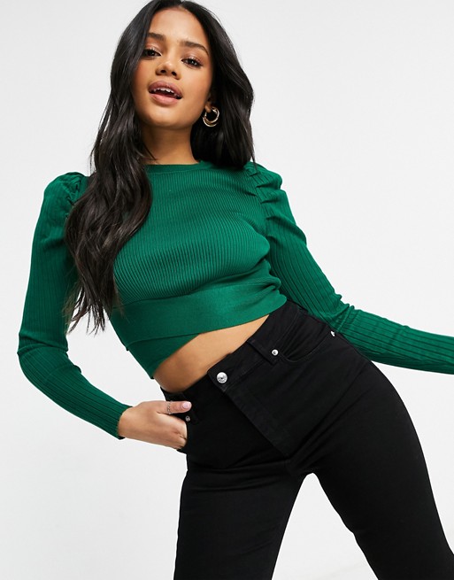 Parallel Lines crop jumper with exeggerated sleeves in khaki