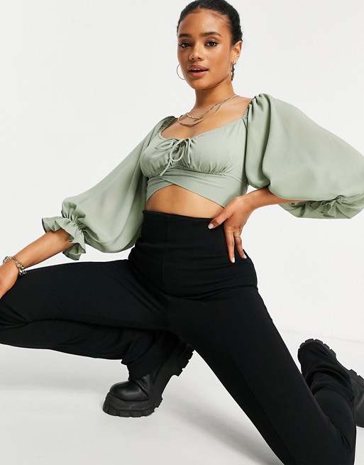 Parallel Lines crop top with balloon sleeves in green