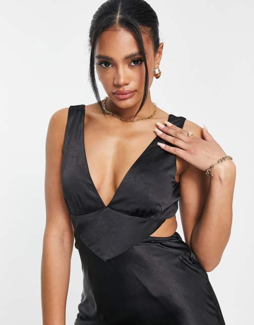 Parallel Lines cut out satin slip midi dress in black