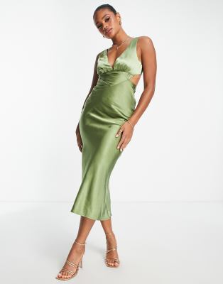 Parallel Lines Cut Out Satin Slip Midi Dress In Green ModeSens