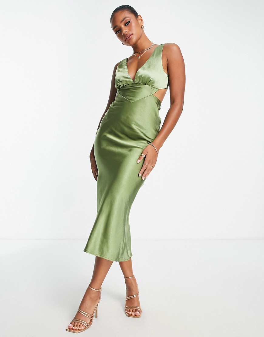 Parallel Lines cut out satin slip midi dress in green