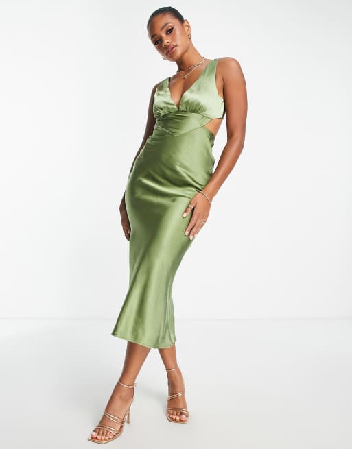 Parallel Lines cut out satin slip midi dress in green ASOS