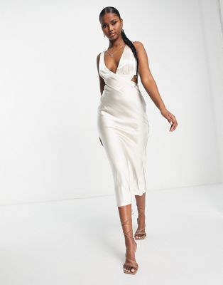 Parallel Lines cut out satin slip midi dress in natural