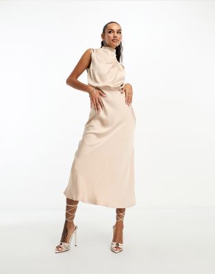 Parallel Lines High Neck Satin Maxi Dress In Champagne-neutral | ModeSens