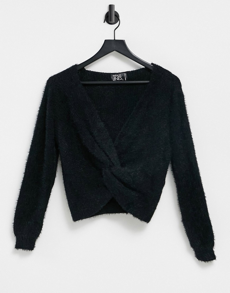 Parallel Lines Knitted Twist Front Sweater In Black