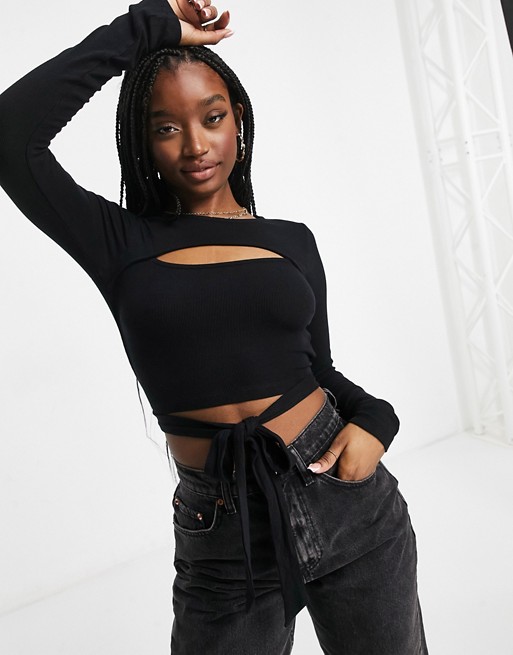 Parallel Lines long sleeve crop top with cut out detail in black