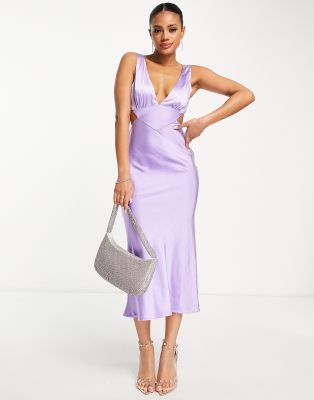 Parallel Lines – Midi-Trägerkleid aus Satin in Flieder mit Zierausschnitt