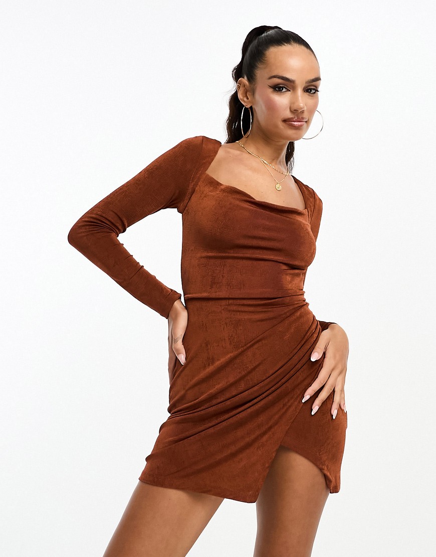 Parallel Lines mini dress with backless detail in chocolate brown