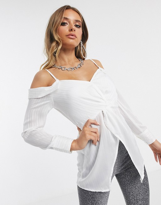 Parallel Lines off shoulder blouse in white stripe