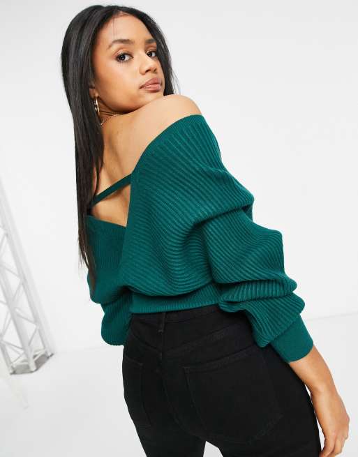 Parallel Lines off shoulder wrap knit jumper in green ASOS