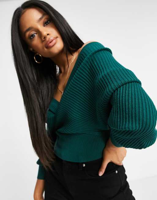 Parallel Lines off shoulder wrap knit jumper in green ASOS