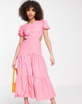 Parallel Lines open back tiered maxi dress in fuchsia