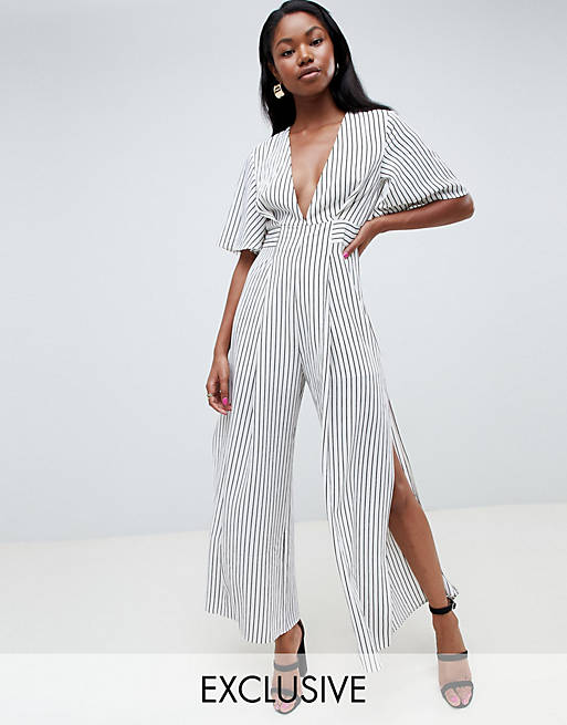Parallel Lines Plunge Front Jumpsuit With Wide Leg Splits In Stripe | ASOS