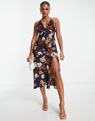 Parallel Lines plunge neck midi dress in floral