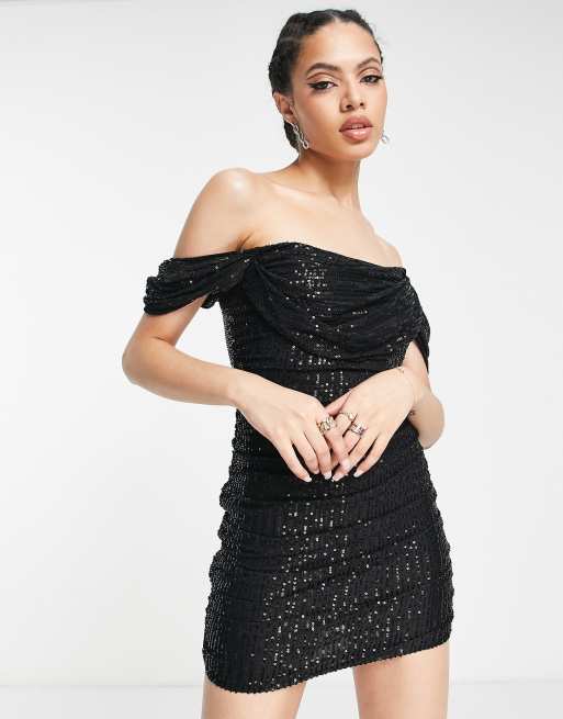 Parallel Lines - Robe corset courte à sequins et fronces avec encolure Bardot - Noir