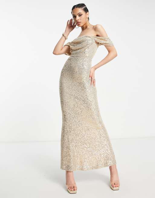 Parallel Lines - Robe longue corset froncée style Bardot à ourlet plongeant et sequins - Doré