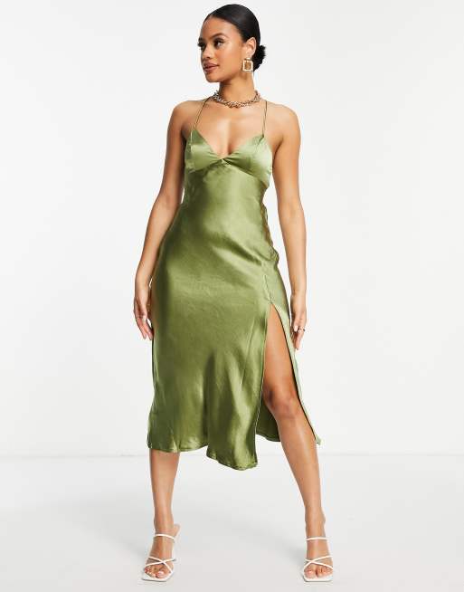 Parallel Lines - Robe mi-longue avec découpe dans le dos en satin - Kaki