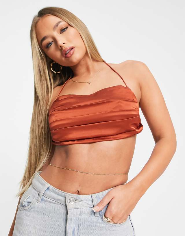 Parallel Lines ruched satin crop top in terracotta