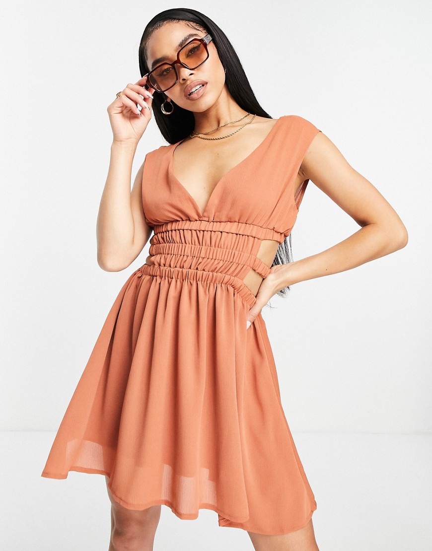 Parallel Lines ruched waist cut out dress in terracotta-Brown