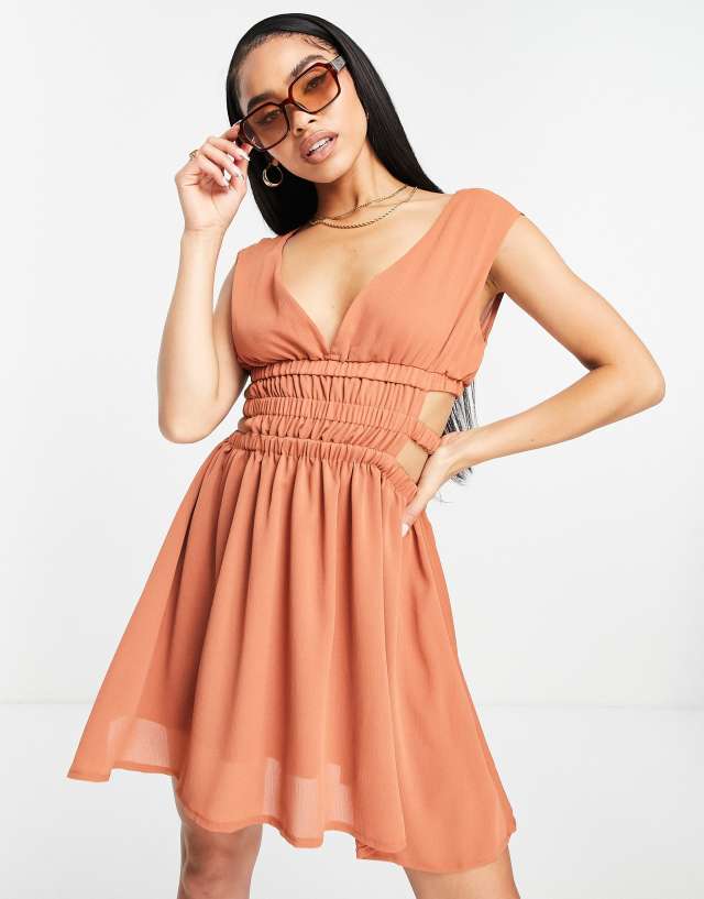 Parallel Lines ruched waist cut-out dress in terracotta