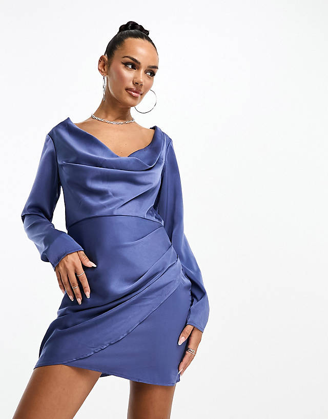 Parallel Lines - satin cowl neck mini dress in blue