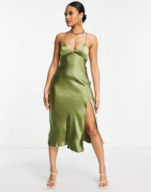 Khaki satin best sale midi dress