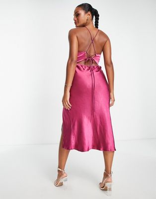 Parallel Lines satin cut out back midi dress in magenta