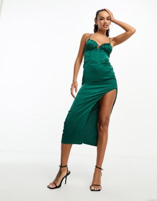 Parallel Lines Satin Maxi Dress With Tie Back Detail In Teal-blue