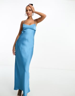 Parallel Lines satin maxi slip dress in blue