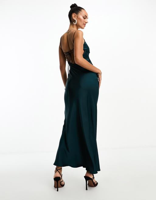 Parallel Lines satin maxi slip dress in dark green ASOS