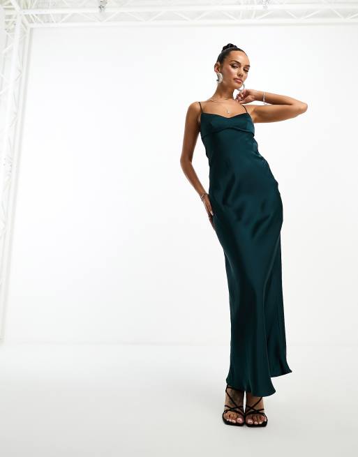 Parallel Lines satin maxi slip in dark green