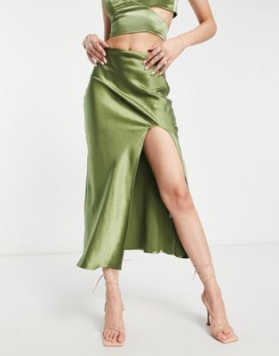Parallel Lines satin midi skirt with slit in khaki co-ord