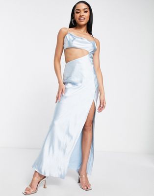 Parallel Lines Side Cut Out Satin Maxi Dress In Blue
