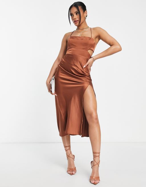 Parallel Lines square neck satin tie back midi dress in brown ASOS