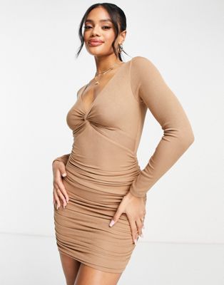 Parallel Lines twist front ruched mini dress in camel