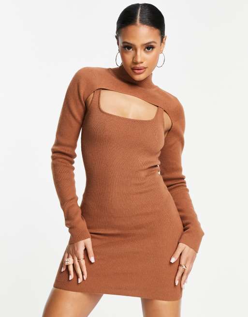 Parallel Lines - Vestito corto marrone con strato sovrapposto e cut-out