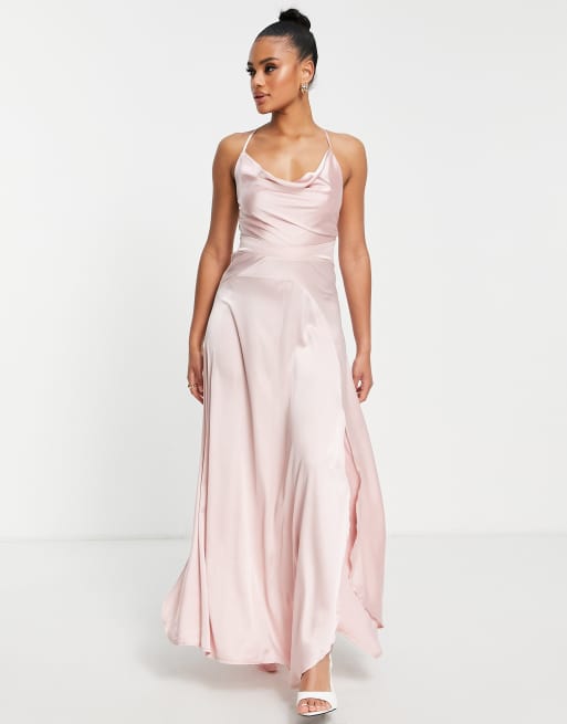 Parallel Lines - Vestito lungo con scollo ad anello in raso rosa con spacco