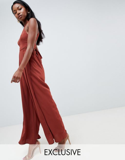 Parallel Lines Wide Leg Split Jumpsuit With Tie Back and Ladder Insert ...