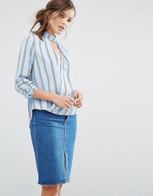 Parallel Lines Wrap Front Choker Collar Top In Spaced Stripe | ASOS