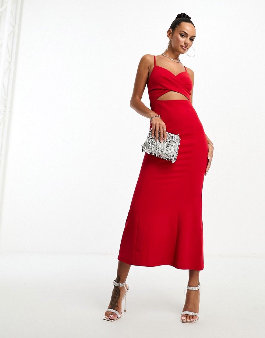 wrap front maxi dress with cut out detail in red